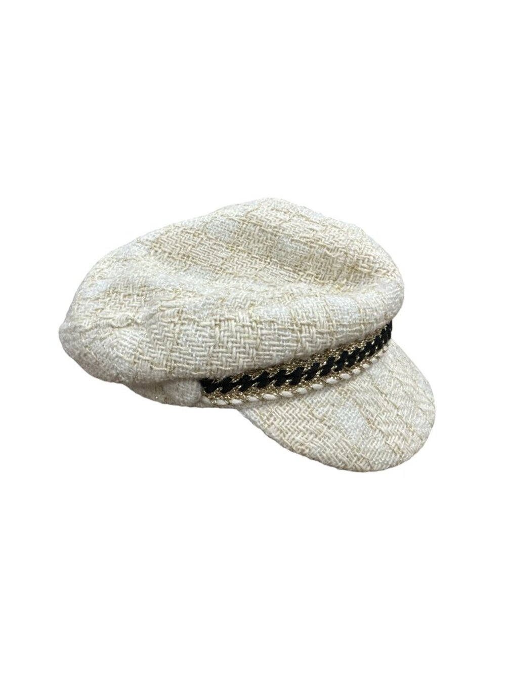 Kroché Paris Womens Ivory Tweed Baker Boy Cap With Black & Gold Chain Accent